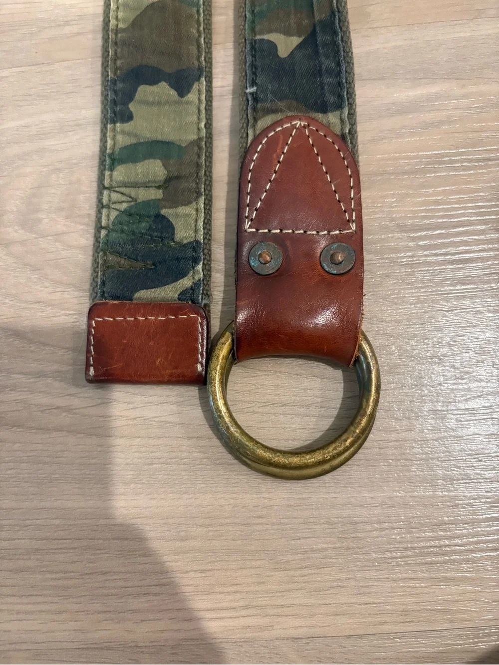 Polo by Ralph Lauren Camouflage Canvas Belt with Brown Leather and Brass D-Rings